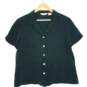 Tommy Bahama Women’s Black Silk Button Down Camp Shirt Palm Print Size Large